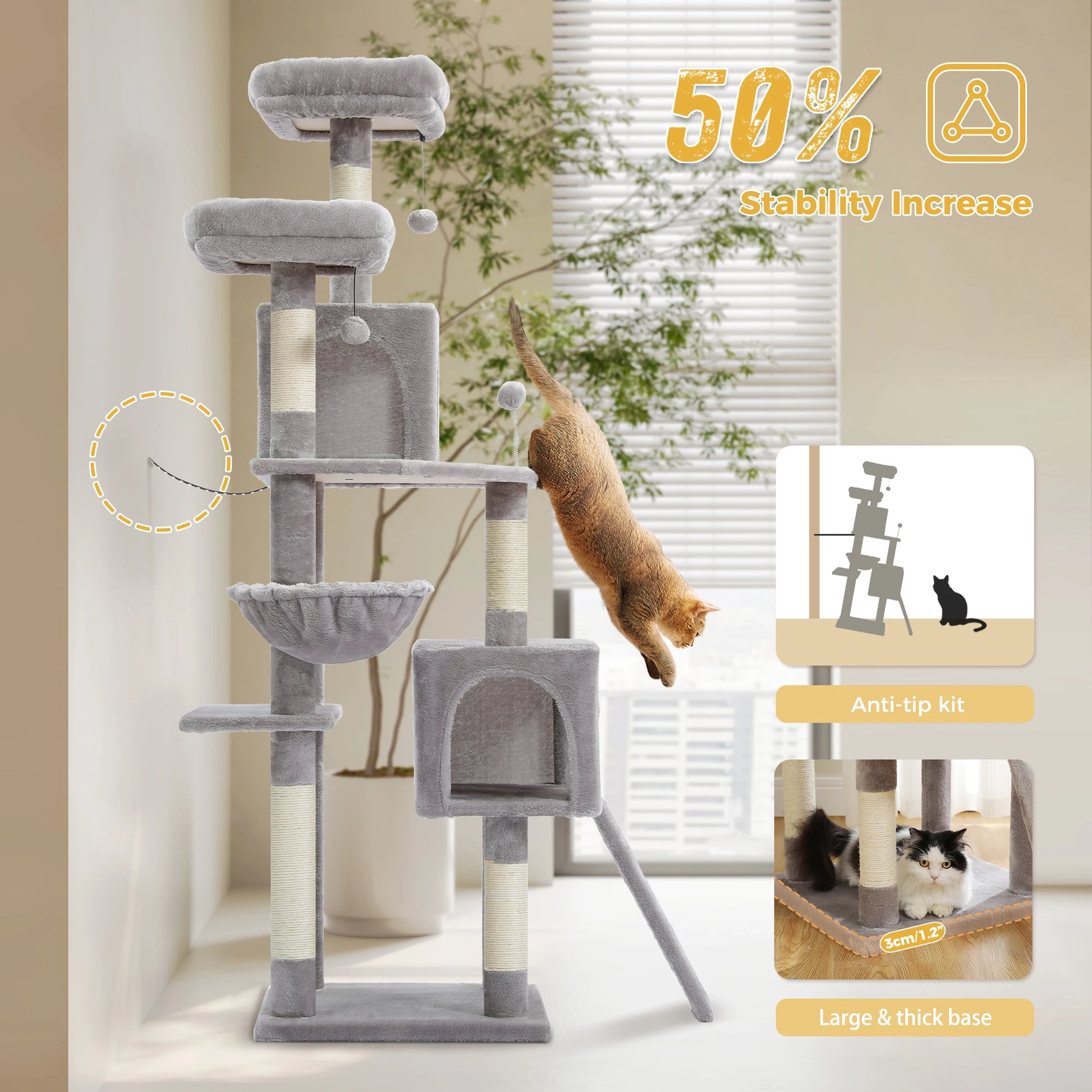 Luxury Large Cat Tree with Spacious Condo Hammock Multi-Level Cat Tower Cat Scratcher Cat Scratching Posts for Indoor Cat Toys