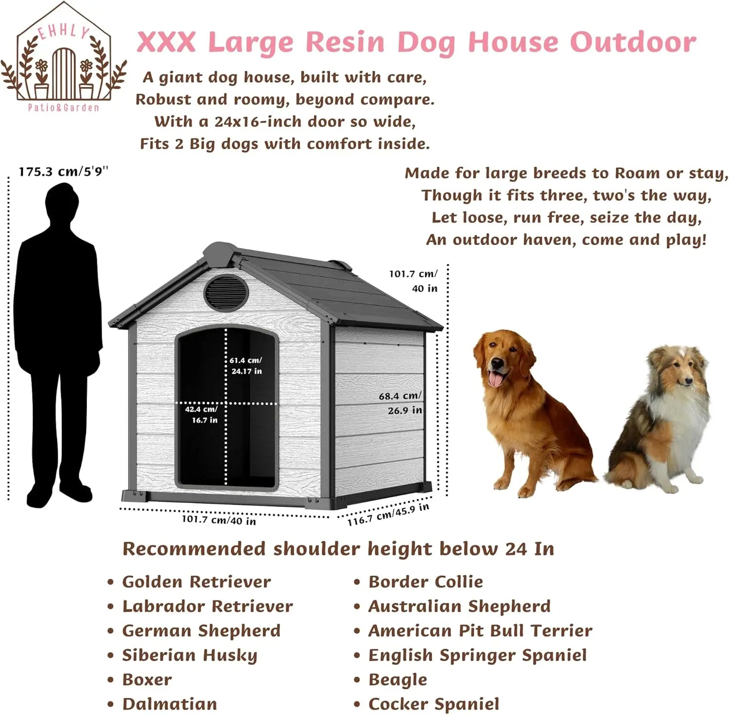 46" Large Dog House Outdoor Weatherproof, 3XL Big Dog House for 2 Large Dogs Outside, Insulated Igloo Pet House with Elevated Fl