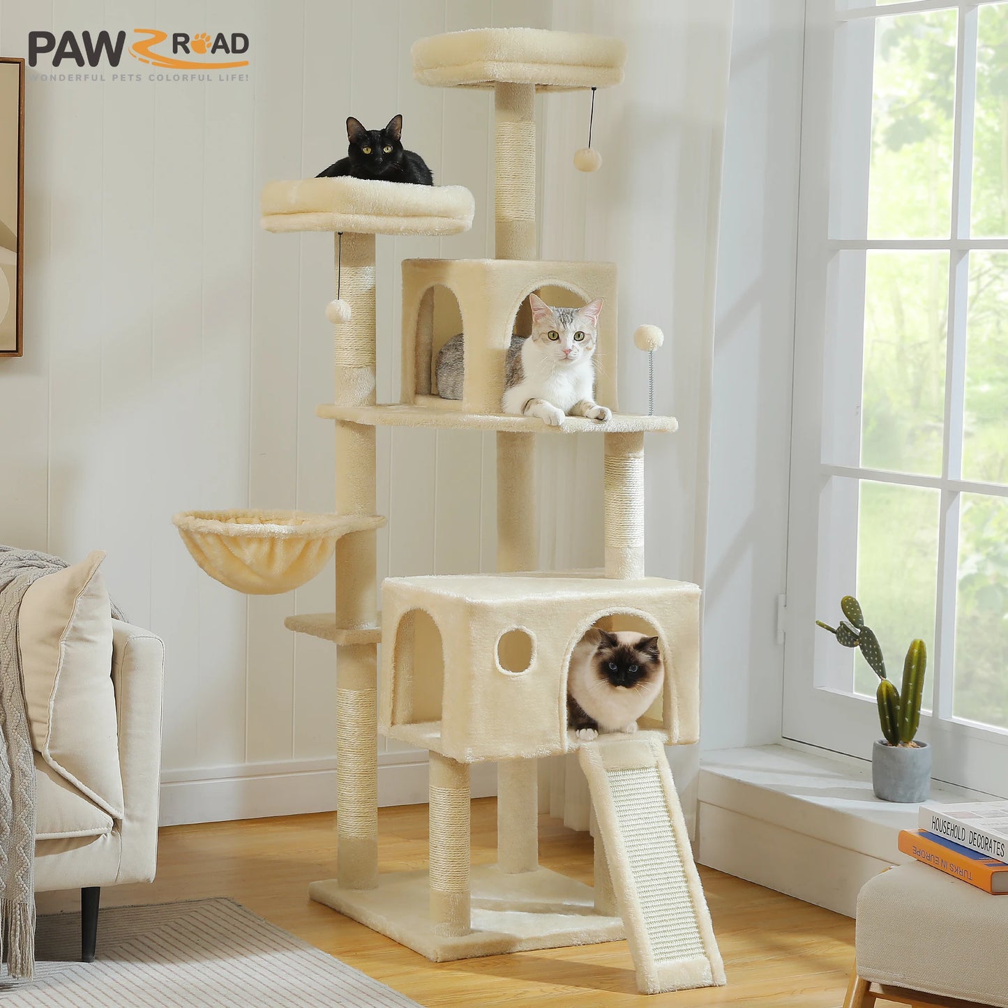 Luxury Large Cat Tree with Spacious Condo Hammock Multi-Level Cat Tower Cat Scratcher Cat Scratching Posts for Indoor Cat Toys