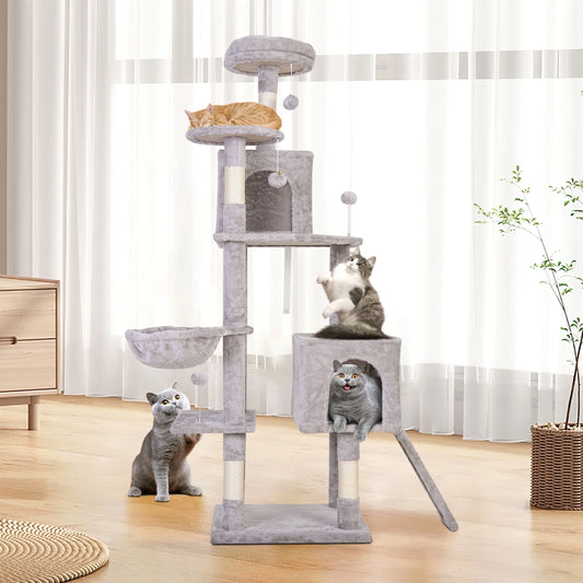 65" Large Cat Tree with Sisal Scratching Posts, 5-Tier Cat Tower with Condo, Hammock & Perch for Indoor Cats, Gray