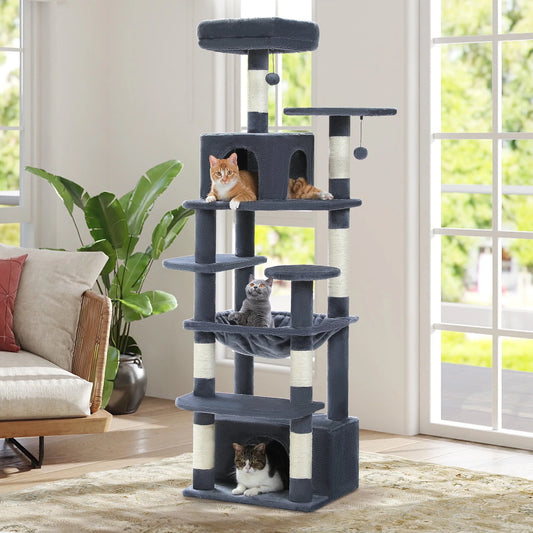 Cat Tree 64" Sisal Scratching Posts Tower with Large Perch Hammock for All Indoor Cats,Dark Gray