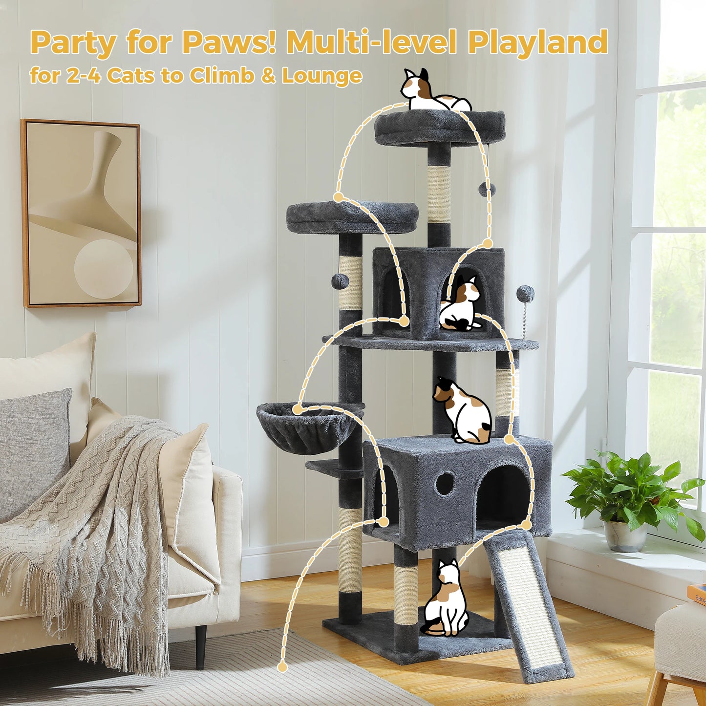 Luxury Large Cat Tree with Spacious Condo Hammock Multi-Level Cat Tower Cat Scratcher Cat Scratching Posts for Indoor Cat Toys
