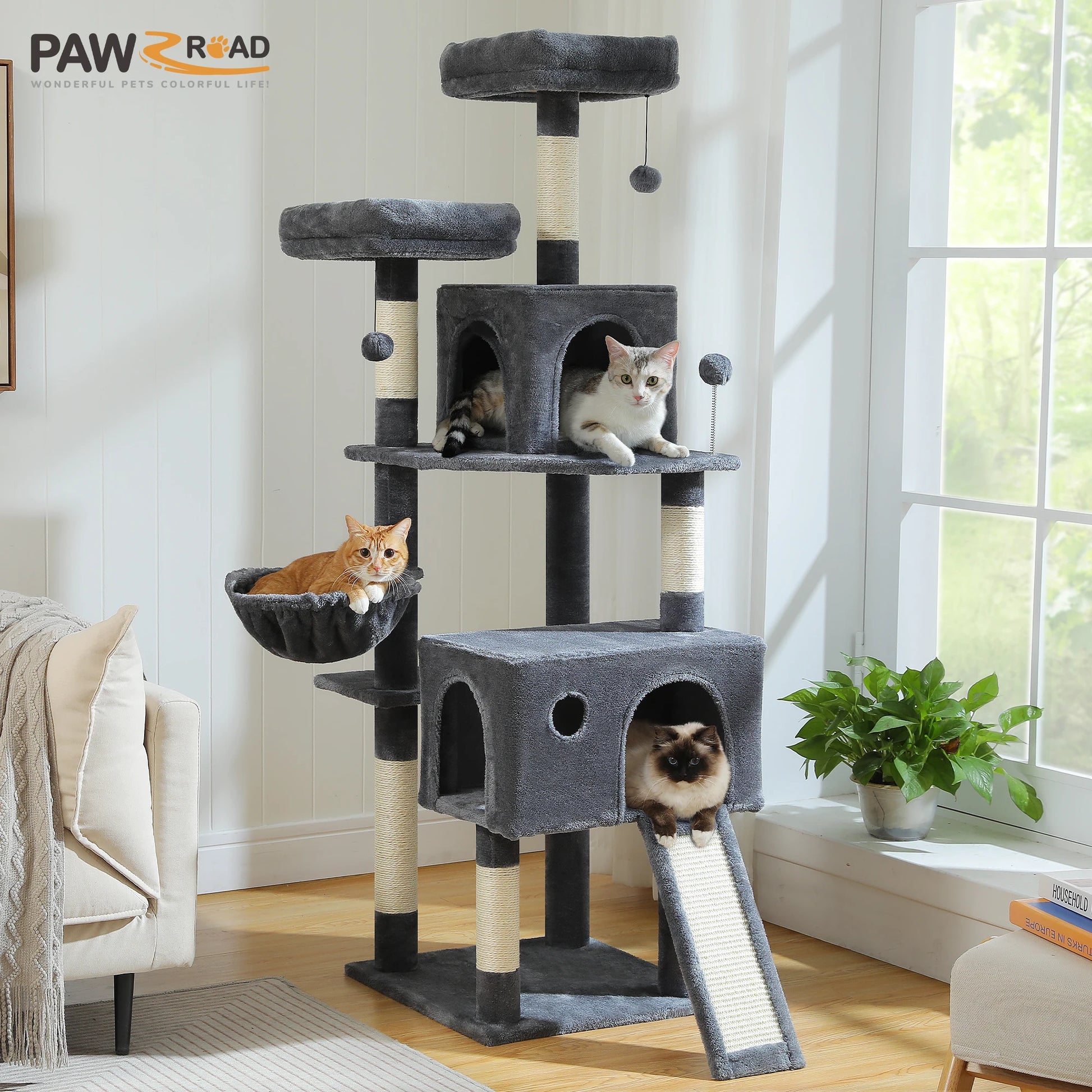 Luxury Large Cat Tree with Spacious Condo Hammock Multi-Level Cat Tower Cat Scratcher Cat Scratching Posts for Indoor Cat Toys